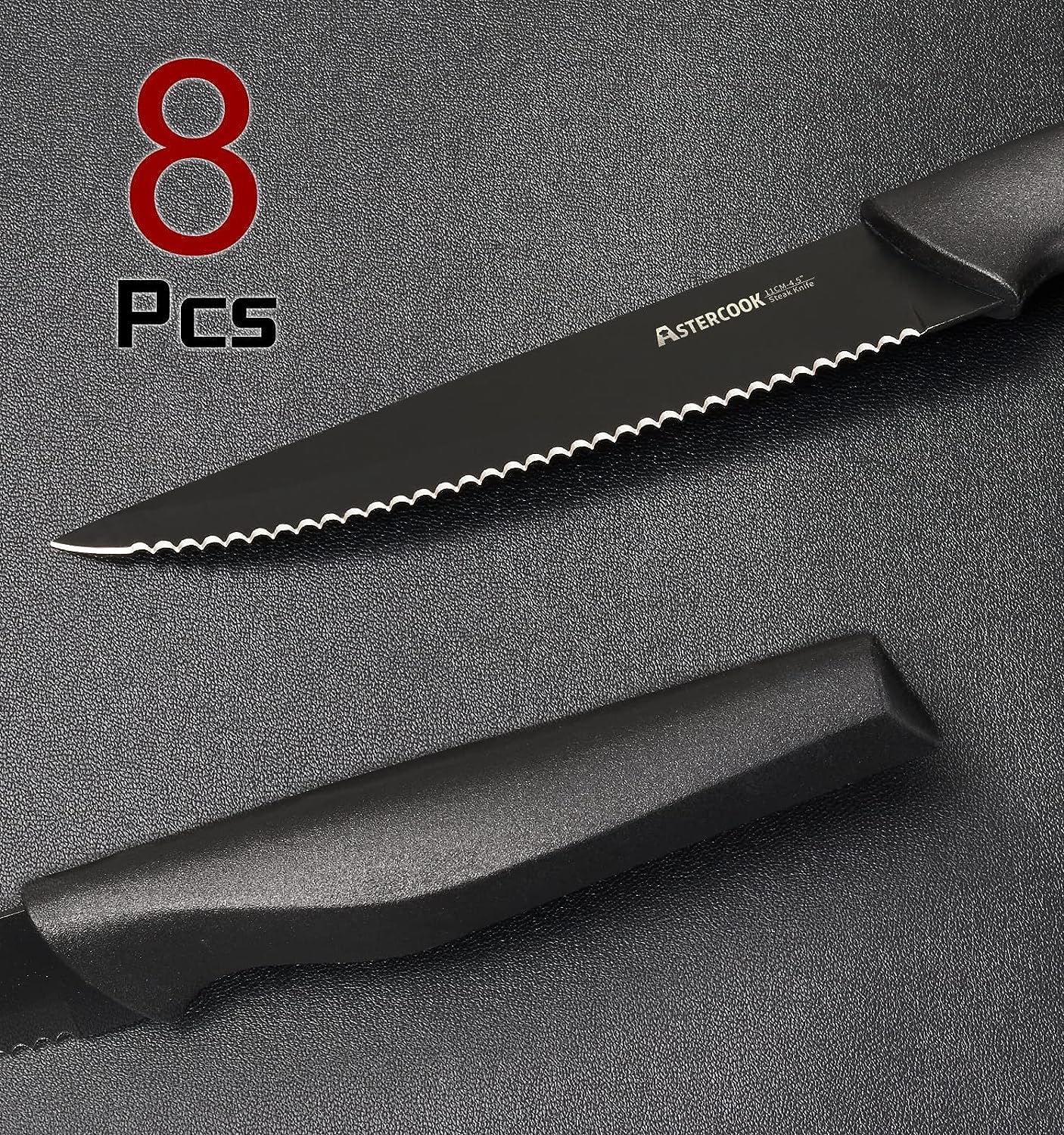 Astercook Steak Knives, Steak Knives Set of 8, Dishwasher Safe High Carbon Stainless Steel Serrated Steak Knife, Black Astercook Steak Knives, Steak Knives Set of 8, Dishwasher Safe High Carbon Stainless Steel Serrated Steak Knife, Black