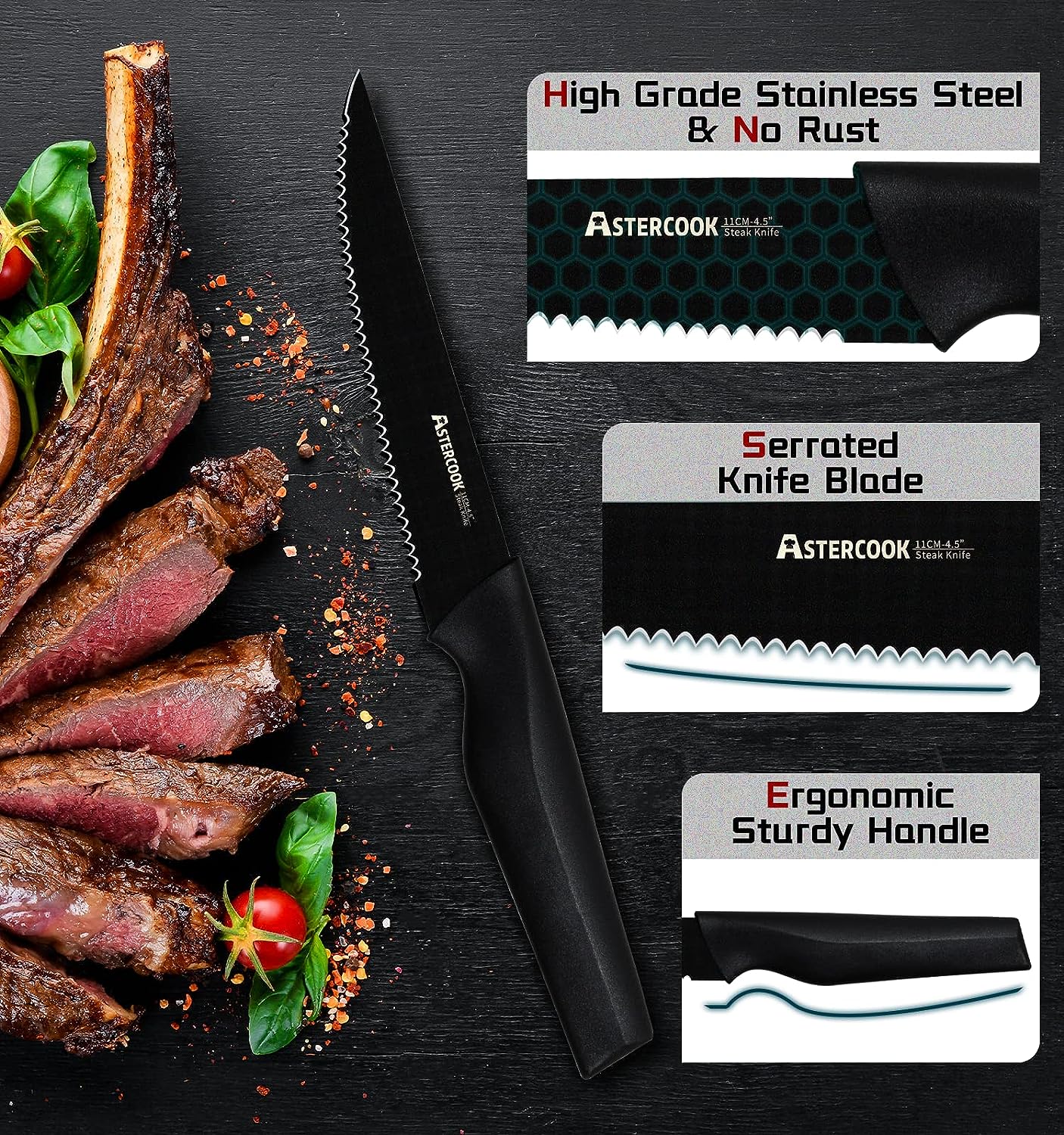 Astercook Steak Knives, Steak Knives Set of 8, Dishwasher Safe High Carbon Stainless Steel Serrated Steak Knife, Black Astercook Steak Knives, Steak Knives Set of 8, Dishwasher Safe High Carbon Stainless Steel Serrated Steak Knife, Black