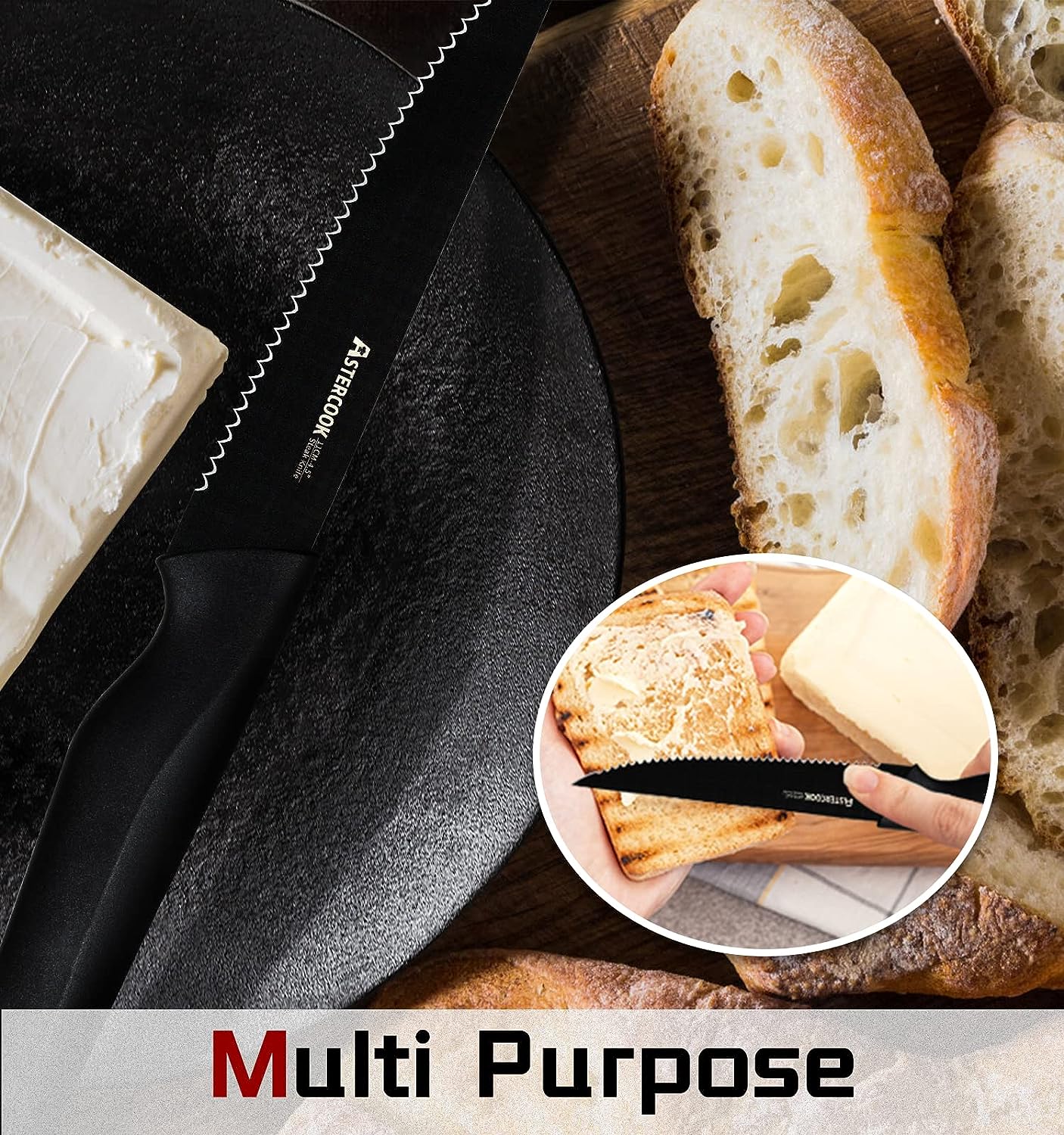 Astercook Steak Knives, Steak Knives Set of 8, Dishwasher Safe High Carbon Stainless Steel Serrated Steak Knife, Black Astercook Steak Knives, Steak Knives Set of 8, Dishwasher Safe High Carbon Stainless Steel Serrated Steak Knife, Black