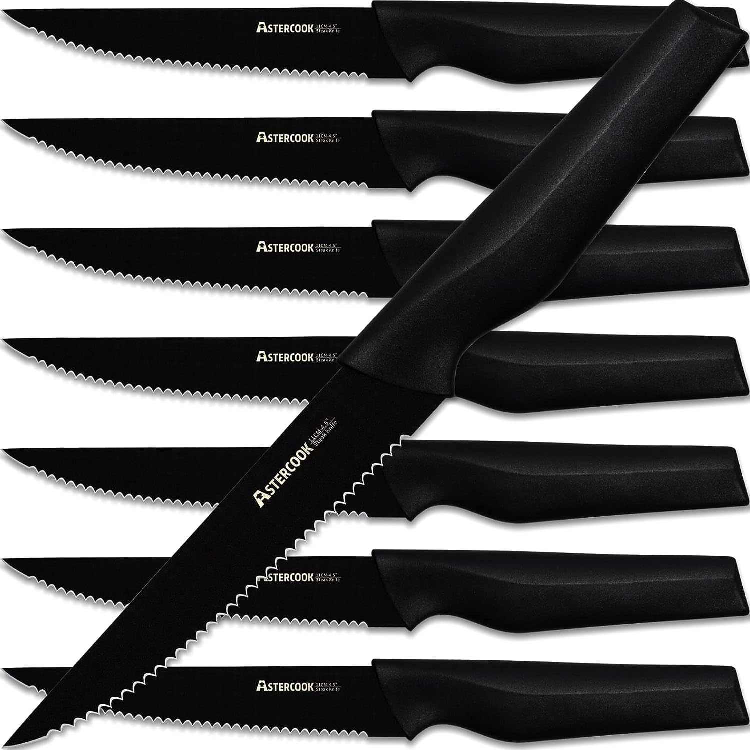 Astercook Steak Knives, Steak Knives Set of 8, Dishwasher Safe High Carbon Stainless Steel Serrated Steak Knife, Black Astercook Steak Knives, Steak Knives Set of 8, Dishwasher Safe High Carbon Stainless Steel Serrated Steak Knife, Black