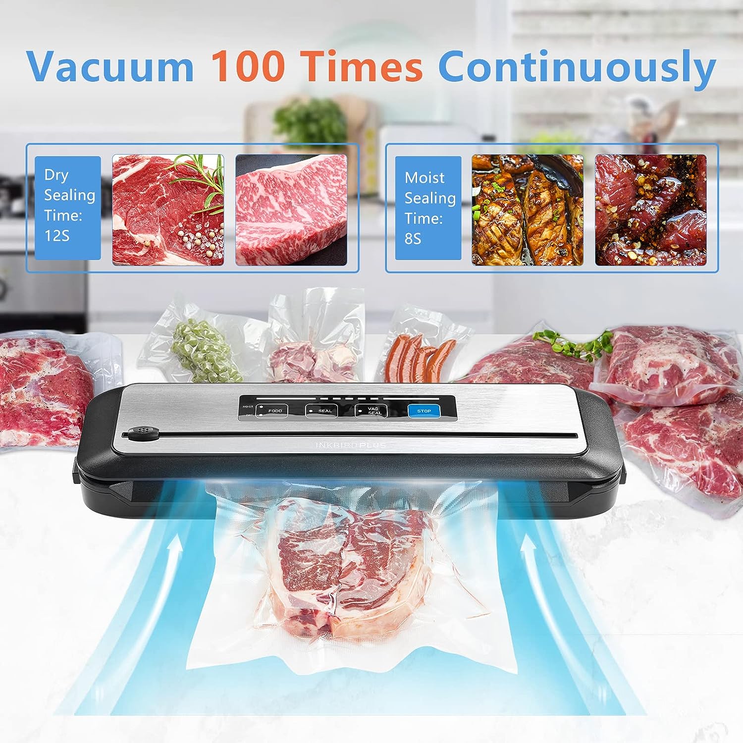 Inkbird Vacuum Sealer Machine with Starter Kit, Automatic PowerVac Air Sealing Machine for Food Preservation, Dry Moist Sealing Modes,Built-in Cutter,Easy Cleaning Storage with Sealer Bag*5 (8*11.8)and Bag Roll*1 (8*79), INK-VS01