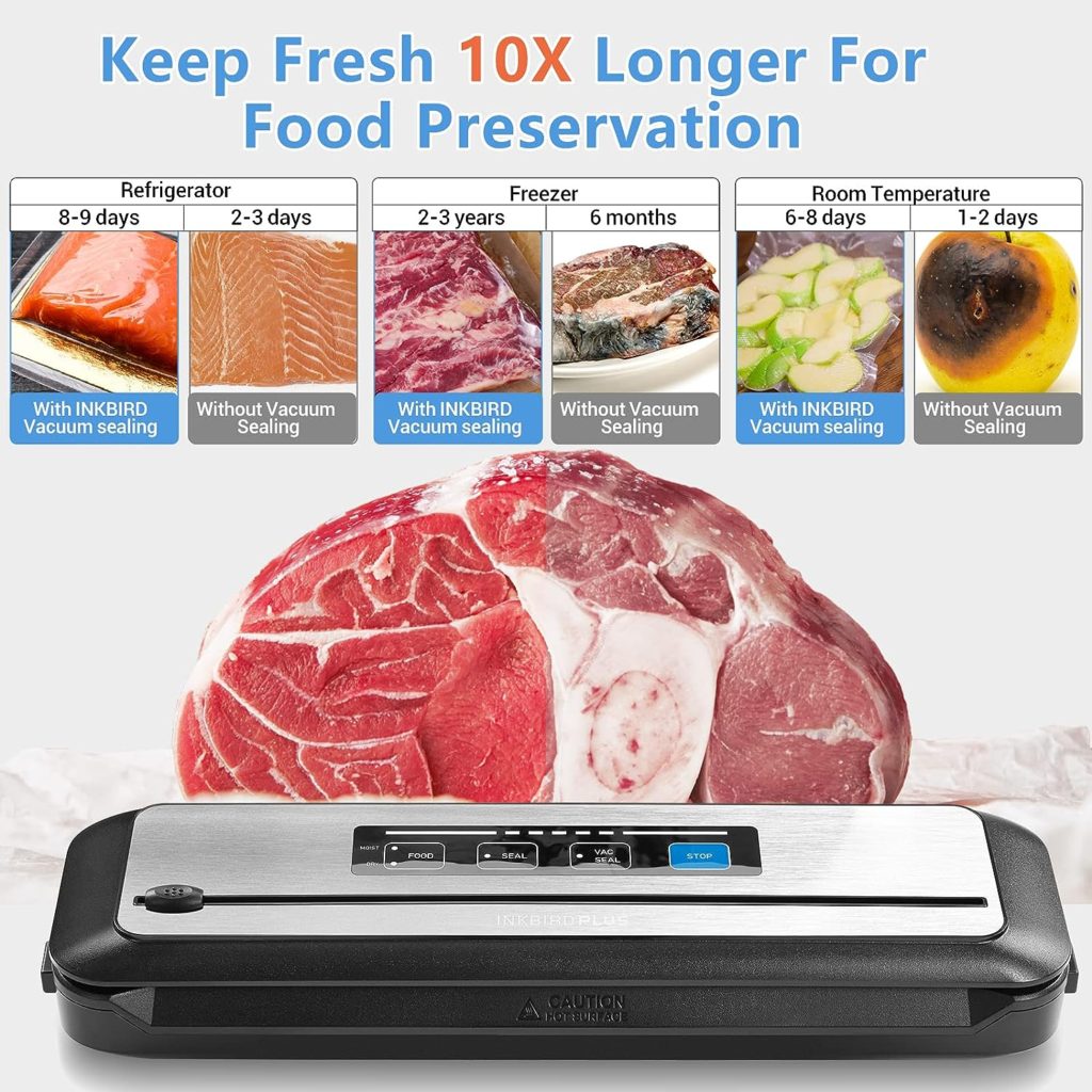 Inkbird Vacuum Sealer Machine with Starter Kit, Automatic PowerVac Air Sealing Machine for Food Preservation, Dry Moist Sealing Modes,Built-in Cutter,Easy Cleaning Storage with Sealer Bag*5 (8*11.8)and Bag Roll*1 (8*79), INK-VS01