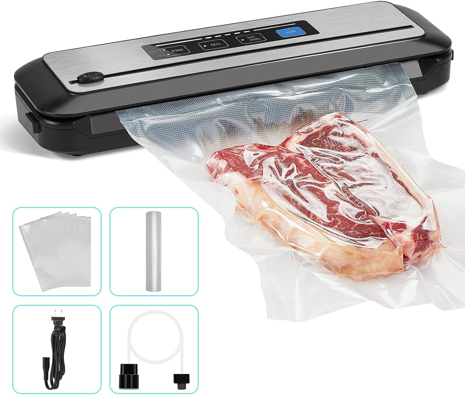 Inkbird Vacuum Sealer Machine with Starter Kit, Automatic PowerVac Air Sealing Machine for Food Preservation, Dry Moist Sealing Modes,Built-in Cutter,Easy Cleaning Storage with Sealer Bag*5 (8*11.8)and Bag Roll*1 (8*79), INK-VS01