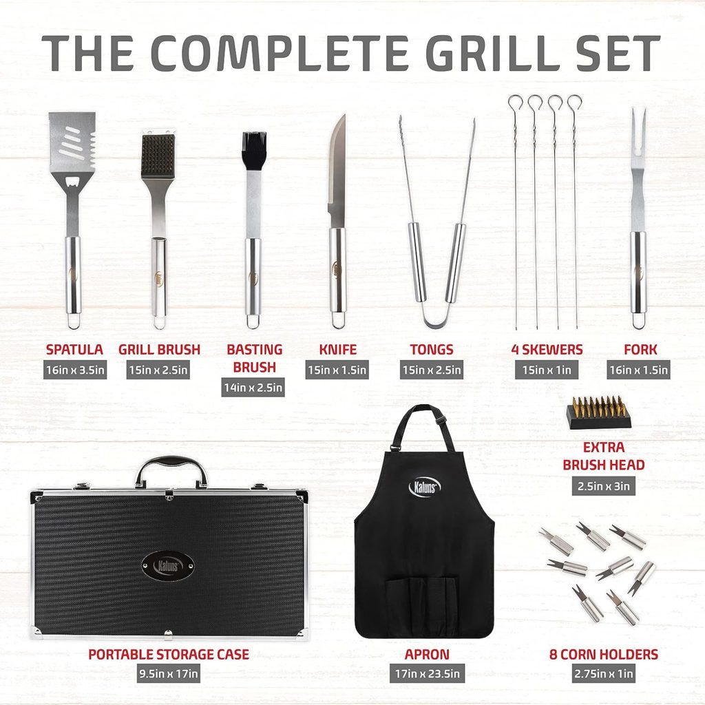 Kaluns BBQ Grill Accessories, Grilling Accessories for Outdoor Grill, Heavy Duty Stainless Steel Grill Set with Aluminum Case and Apron, Barbeque Tools, Grilling Gifts for Men, Women, Dad Kaluns BBQ Grill Accessories, Grilling Accessories for Outdoor Grill, Heavy Duty Stainless Steel Grill Set with Aluminum Case and Apron, Barbeque Tools, Grilling Gifts for Men, Women, Dad