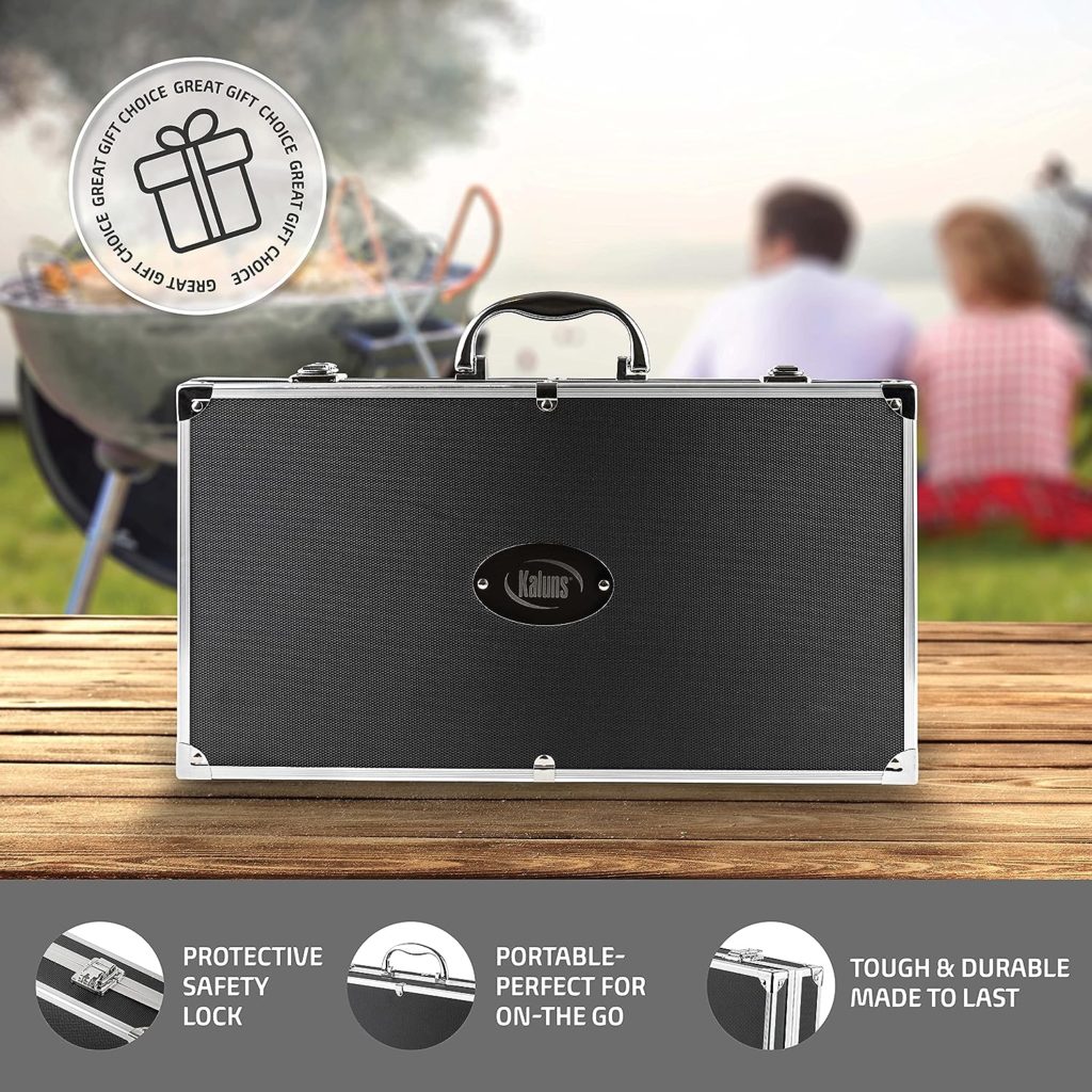 Kaluns BBQ Grill Accessories, Grilling Accessories for Outdoor Grill, Heavy Duty Stainless Steel Grill Set with Aluminum Case and Apron, Barbeque Tools, Grilling Gifts for Men, Women, Dad Kaluns BBQ Grill Accessories, Grilling Accessories for Outdoor Grill, Heavy Duty Stainless Steel Grill Set with Aluminum Case and Apron, Barbeque Tools, Grilling Gifts for Men, Women, Dad