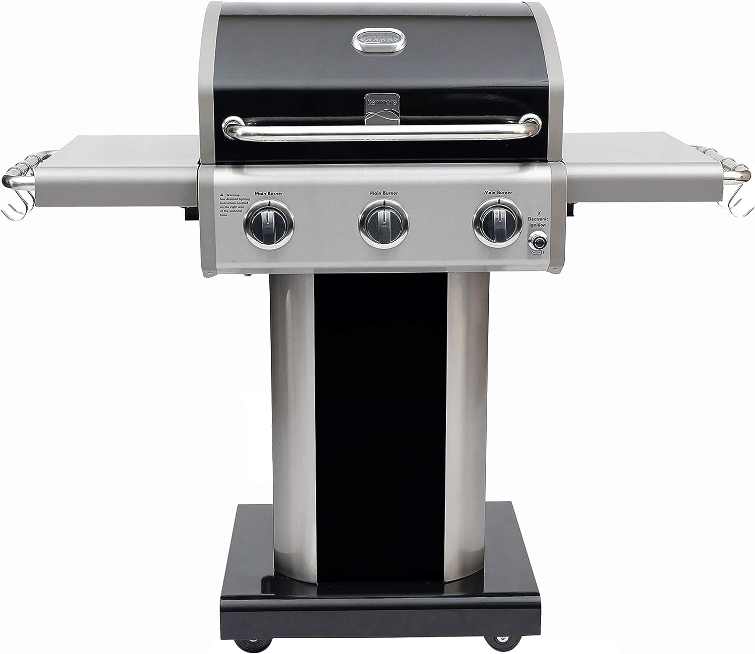 Kenmore 3-Burner Outdoor BBQ Grill | Liquid Propane Barbecue Gas Grill with Folding Sides, PG-A4030400LD, Pedestal Grill with Wheels, 30000 BTU, Black