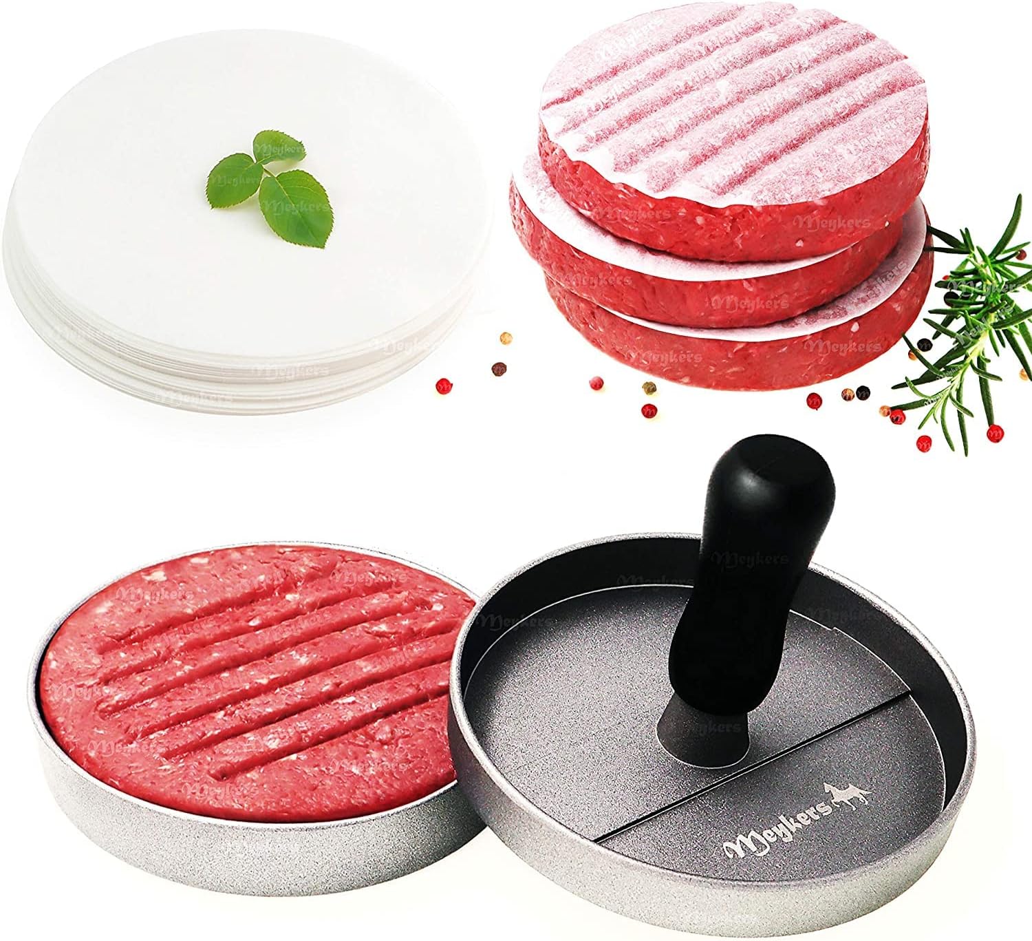 Meykers Burger Press 100 Patty Papers Set | Non-Stick Hamburger Mold with Free Wax Patty Paper Sheets | Meat Beef Cheese Veggie Burger Maker for Grill Griddle BBQ Barbecue | BPA Free Meykers Burger Press 100 Patty Papers Set | Non-Stick Hamburger Mold with Free Wax Patty Paper Sheets | Meat Beef Cheese Veggie Burger Maker for Grill Griddle BBQ Barbecue | BPA Free