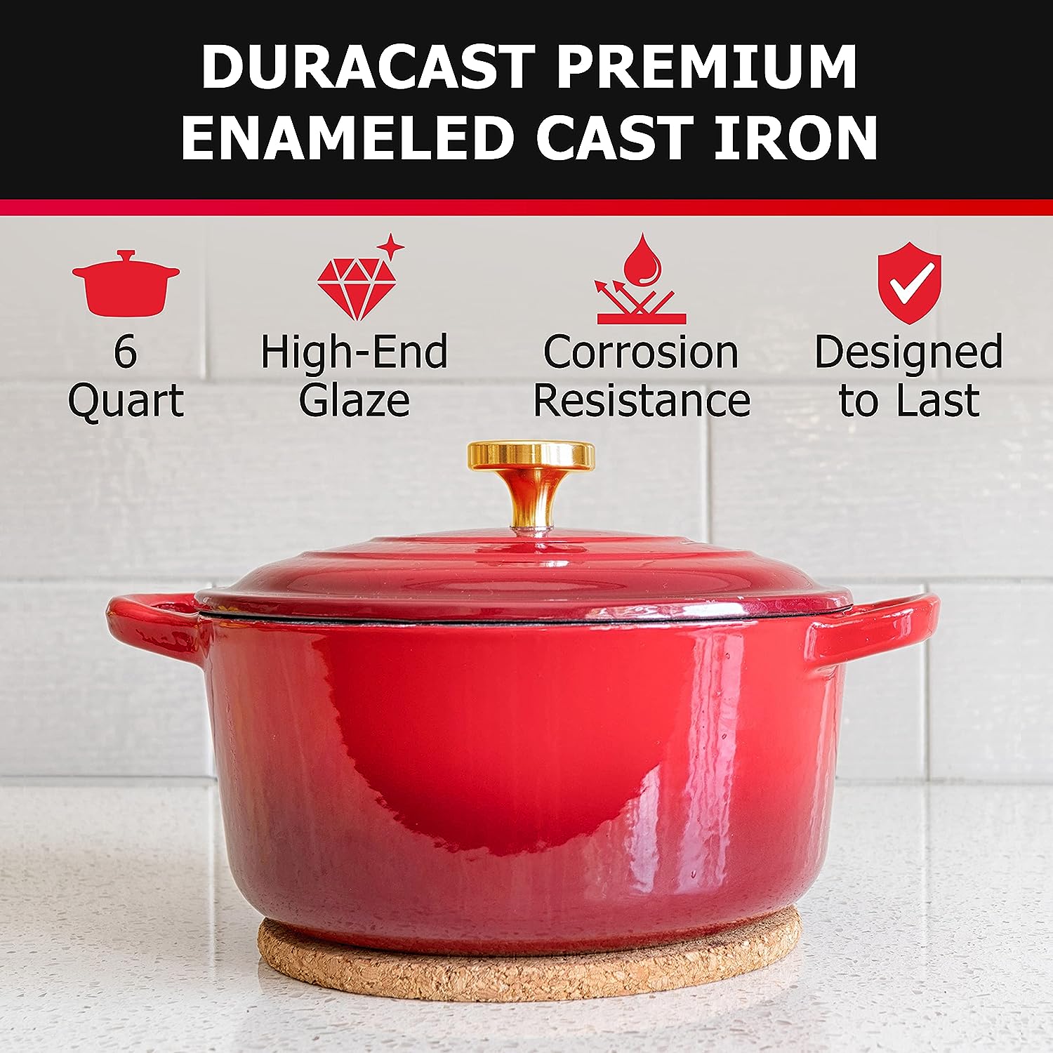 Mueller DuraCast 6 Quart Enameled Cast Iron Dutch Oven Pot with Lid, Heavy-Duty Casserole Dish, Braiser Pan, Stainless Steel Knob, for Braising, Stews, Roasting, Baking, Safe across All Cooktops, Red, Perfect for Mothers Day Gifts Mueller DuraCast 6 Quart Enameled Cast Iron Dutch Oven Pot with Lid, Heavy-Duty Casserole Dish, Braiser Pan, Stainless Steel Knob, for Braising, Stews, Roasting, Baking, Safe across All Cooktops, Red, Perfect for Mothers Day Gifts