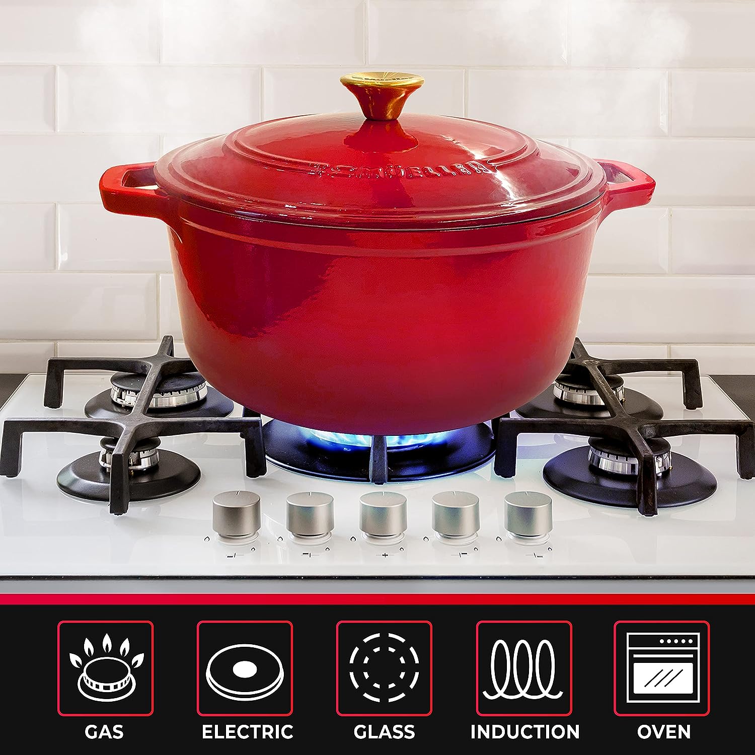 Mueller DuraCast 6 Quart Enameled Cast Iron Dutch Oven Pot with Lid, Heavy-Duty Casserole Dish, Braiser Pan, Stainless Steel Knob, for Braising, Stews, Roasting, Baking, Safe across All Cooktops, Red, Perfect for Mothers Day Gifts Mueller DuraCast 6 Quart Enameled Cast Iron Dutch Oven Pot with Lid, Heavy-Duty Casserole Dish, Braiser Pan, Stainless Steel Knob, for Braising, Stews, Roasting, Baking, Safe across All Cooktops, Red, Perfect for Mothers Day Gifts