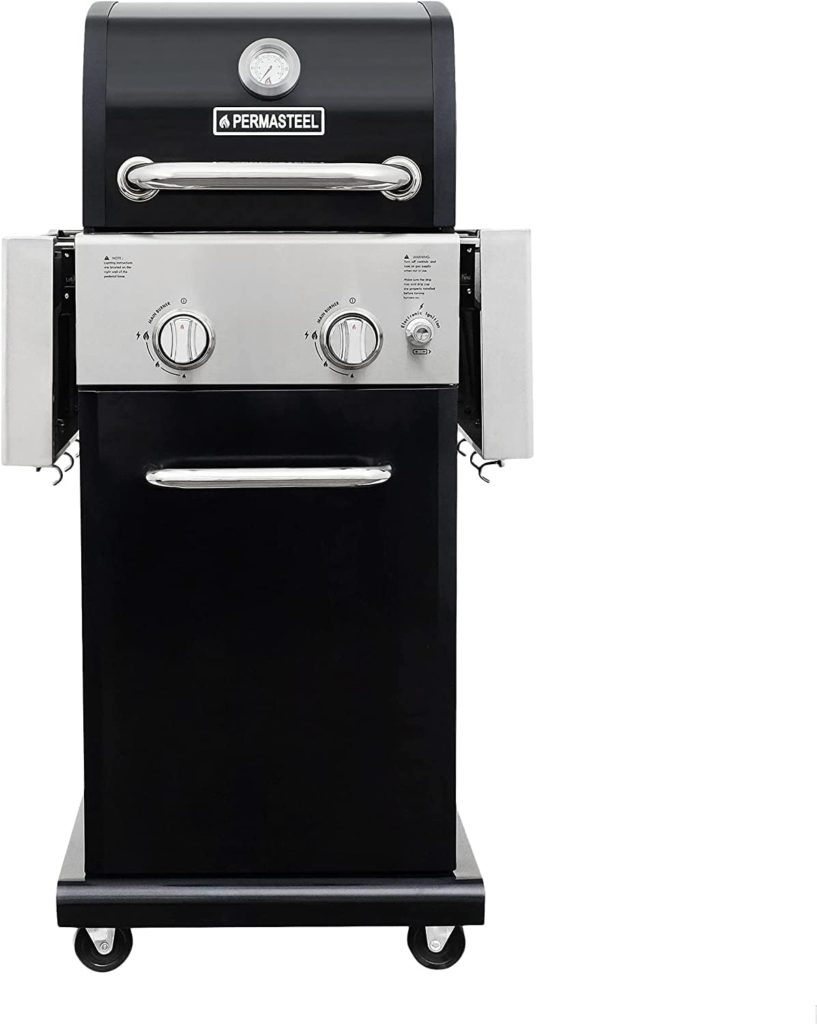 Permasteel 2-Burner Gas Grill | Compact: Foldable Sides, Easy Ignition, Cast Iron Cooking Grates, Grilling Tools Holder, Cabinet Style, 22000 BTUs – Black