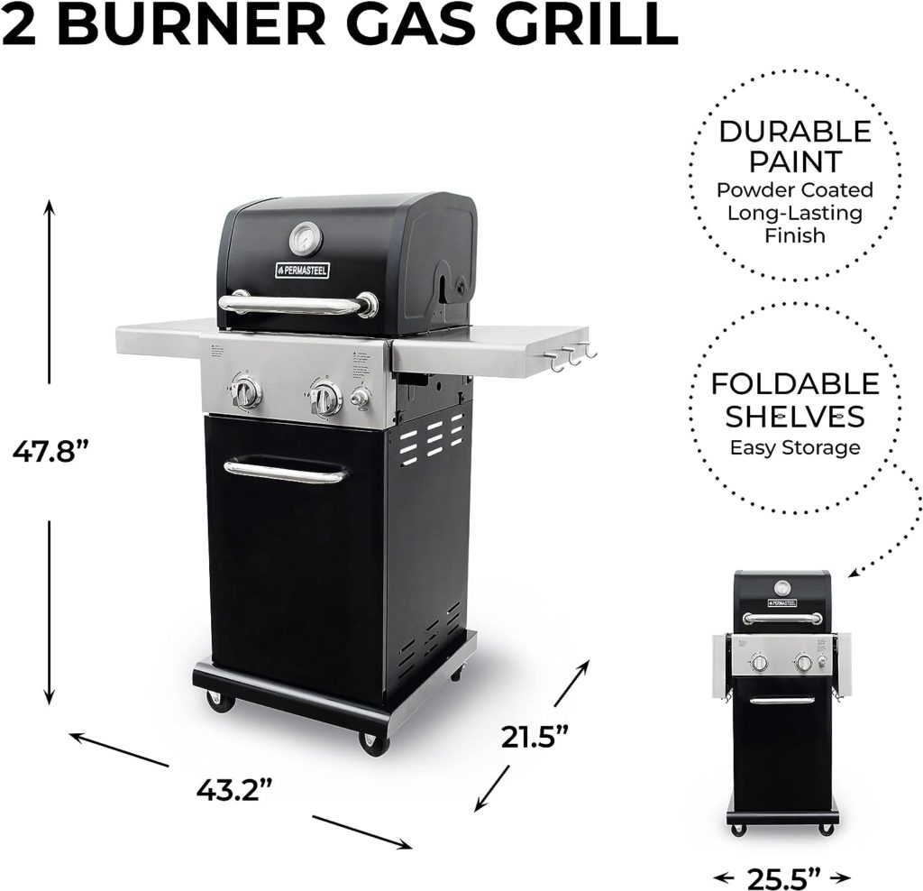 Permasteel 2-Burner Gas Grill | Compact: Foldable Sides, Easy Ignition, Cast Iron Cooking Grates, Grilling Tools Holder, Cabinet Style, 22000 BTUs – Black
