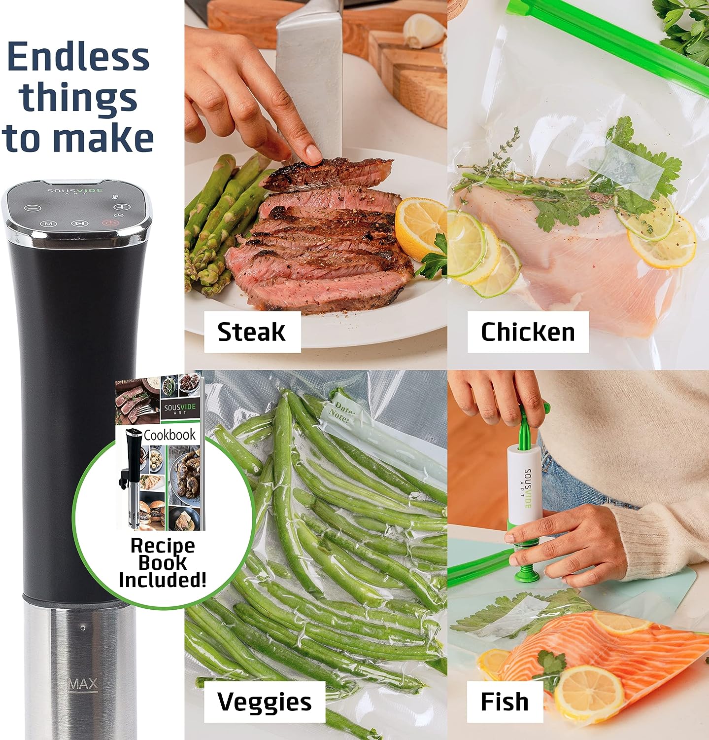 SOUSVIDE ART Precision Cooker Kit (Deluxe Cooker Kit) - Sous Vide Machine Immersion Cookers Circulator, 30 Vacuum Seal Bags, Vacuum Pump, Digital Timer, Temp Control, Sous Vide Cooker, Gift for Chefs