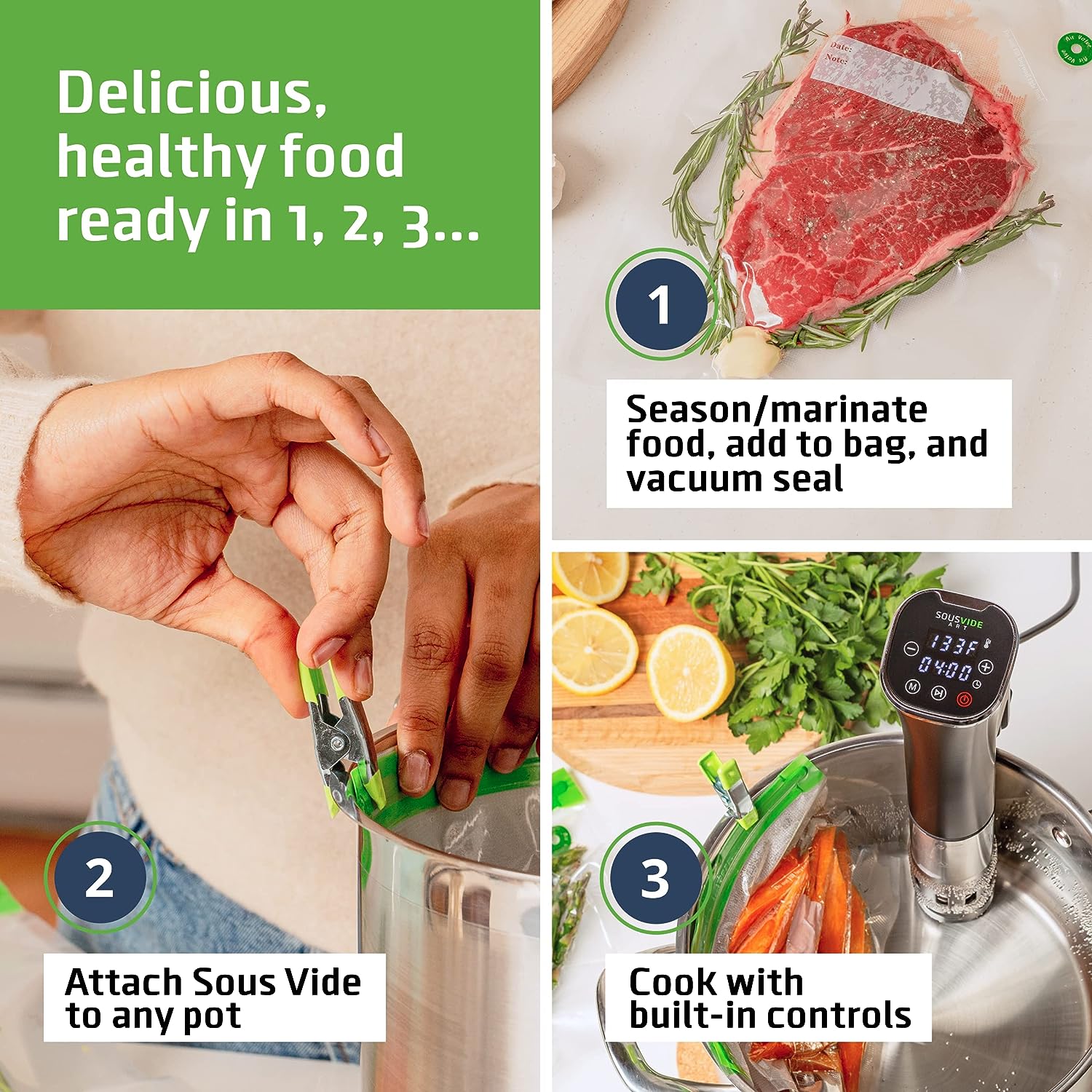 SOUSVIDE ART Precision Cooker Kit (Deluxe Cooker Kit) - Sous Vide Machine Immersion Cookers Circulator, 30 Vacuum Seal Bags, Vacuum Pump, Digital Timer, Temp Control, Sous Vide Cooker, Gift for Chefs