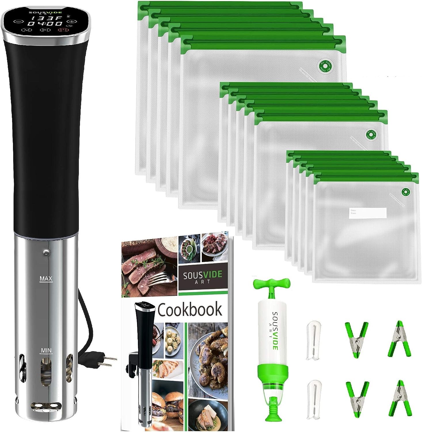 SOUSVIDE ART Precision Cooker Kit (Deluxe Cooker Kit) - Sous Vide Machine Immersion Cookers Circulator, 30 Vacuum Seal Bags, Vacuum Pump, Digital Timer, Temp Control, Sous Vide Cooker, Gift for Chefs
